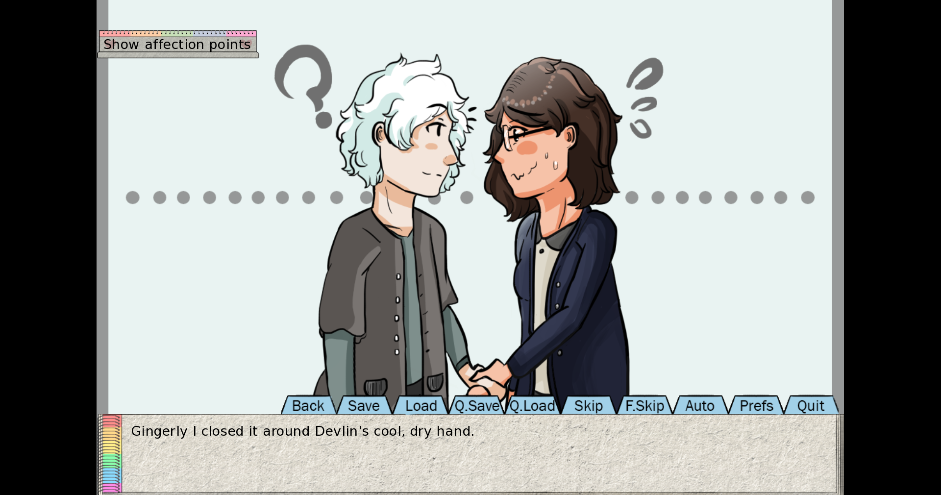 A chibi illustration of the player character shaking Devlin's hand